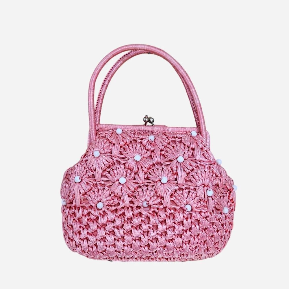 50s 60s cottagecore coquette pink white raffia handbag